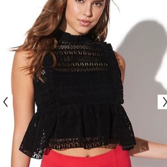 Vylette Tops - Juniors' Vylette™ Velvet Lace Frill Neck Peplum Blouse - Size M       